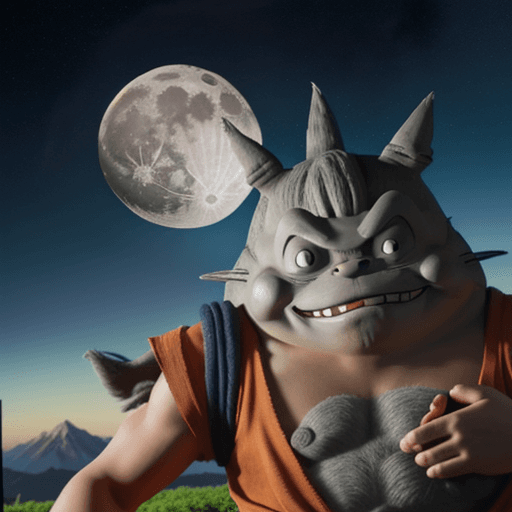 AI generated: GOKU VUELA ATRAVEZ DE LA LUNA CONVERTIDO EN SSJ ACOMPAÑADO DE TOTORO 
