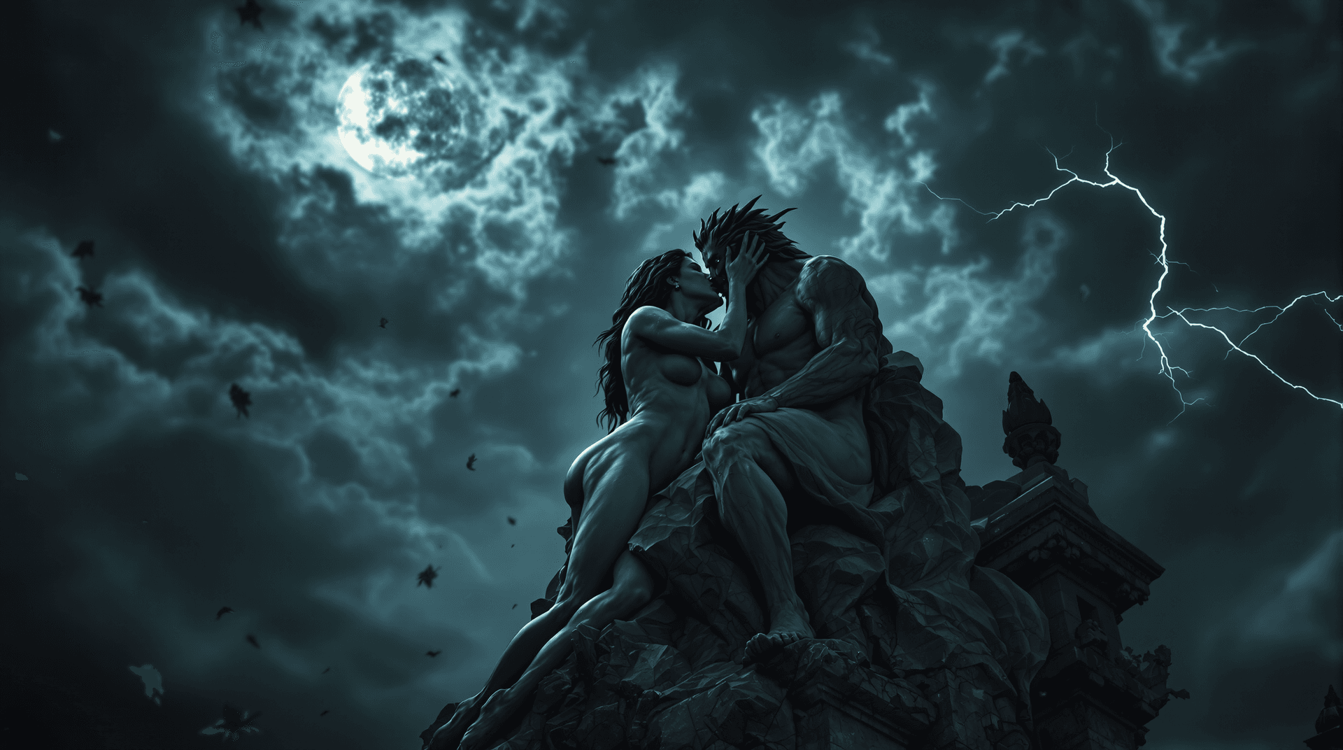 AI generated: A hauntingly beautiful full-body cinematic shot of a (nude) Renaissance statue depicting Eve kissing...