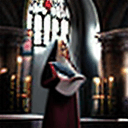 AI generated: in the style of realistic hyper-detailed , 23 year old nun praying nude in an large cathedral, she i...
