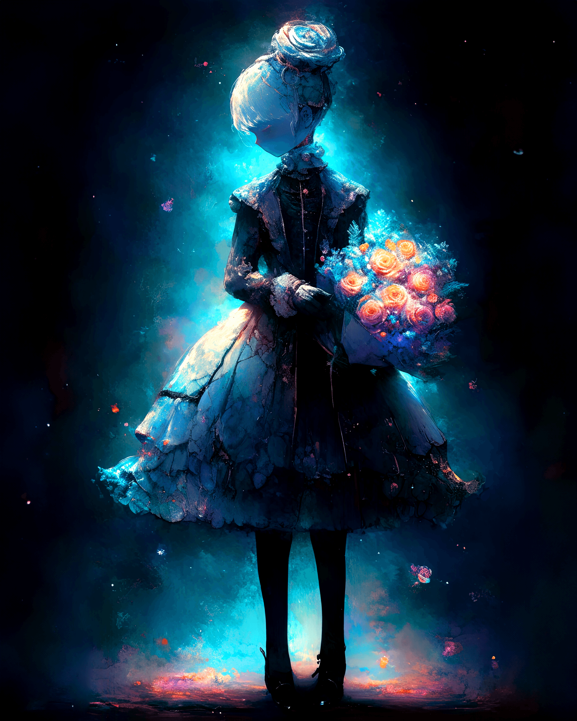 AI generated: a woman in an elaborate dress holding a bouquet of Roses, in the style of cyberpunk, vibrant color c...