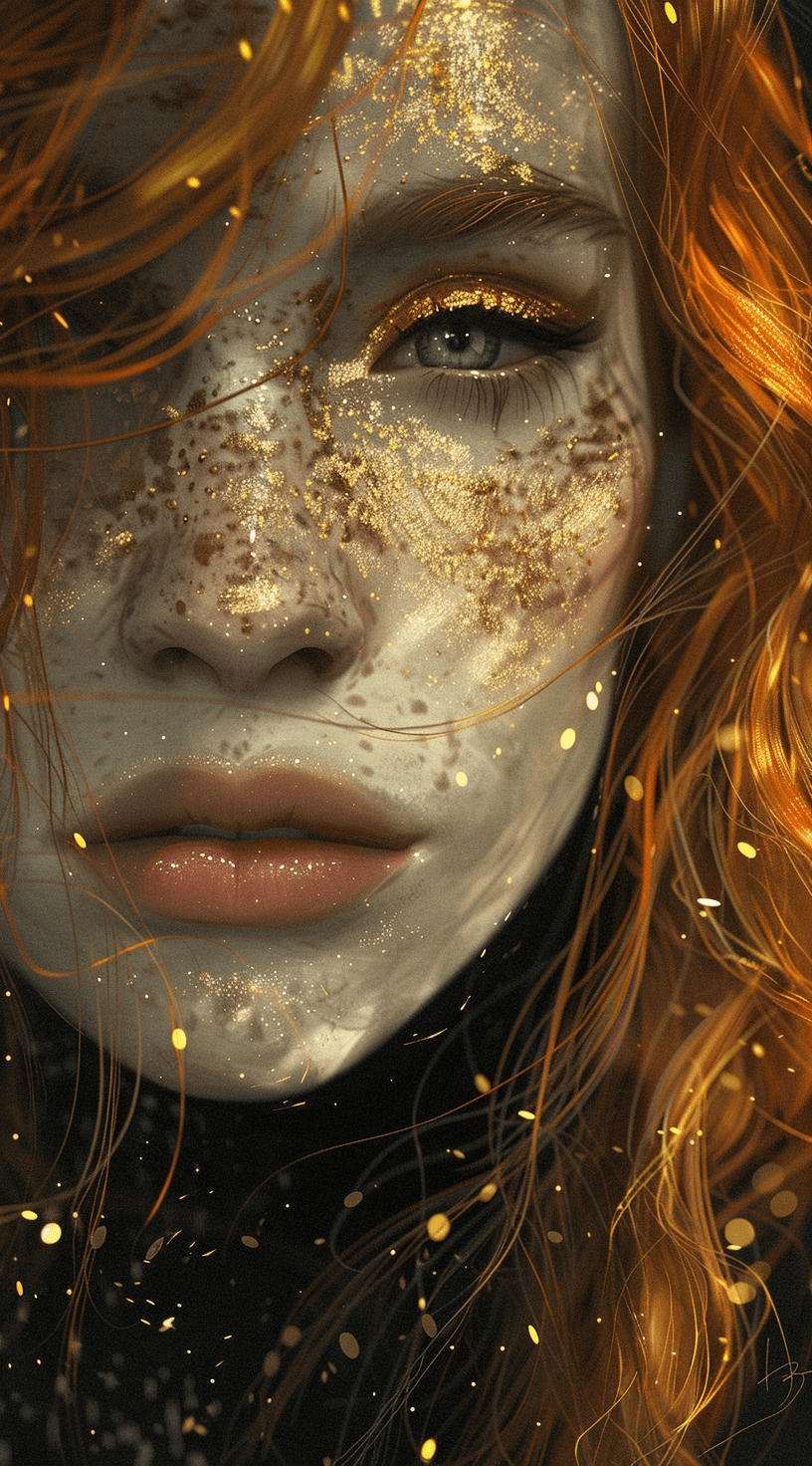AI generated: an art piece of a fantasy woman with red hair, in the style of realistic, fawncore, black and amber,...