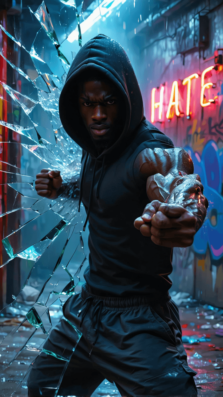 AI generated: A powerful Black male rapper mid-punch, shattering a thick glass panel, with ultra-realistic shards ...