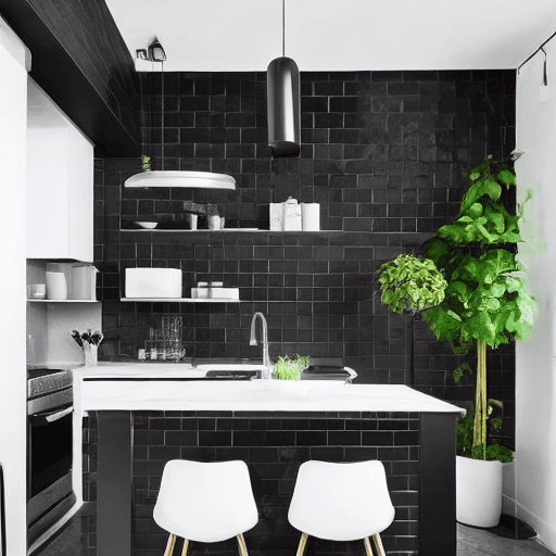 AI generated: a small kitchen with a black and white kitchen set, white marble floor, gray plaster walls, small ta...