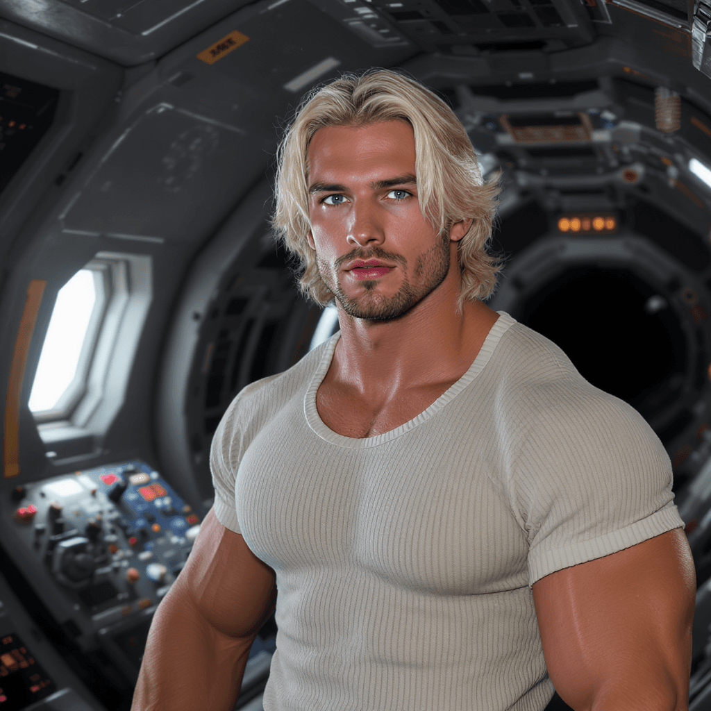 AI generated: A very muscular, pretty young man with light blonde, medium-length hair stands inside a spaceship. L...