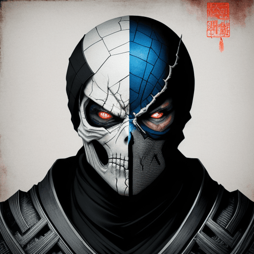 AI generated: Sub Zero from Mortal Kombat, skull face, cold white dull lifeless eyes, very scary character, close-...