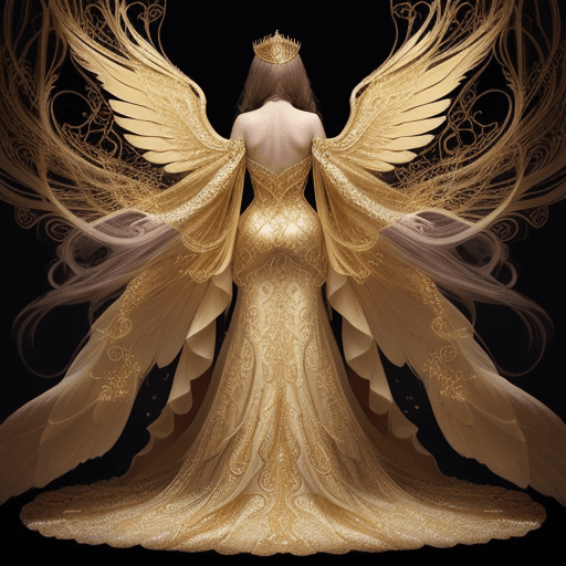 AI generated: A woman adorned in a golden, intricately designed gown that cascades down to the ground. She is also...