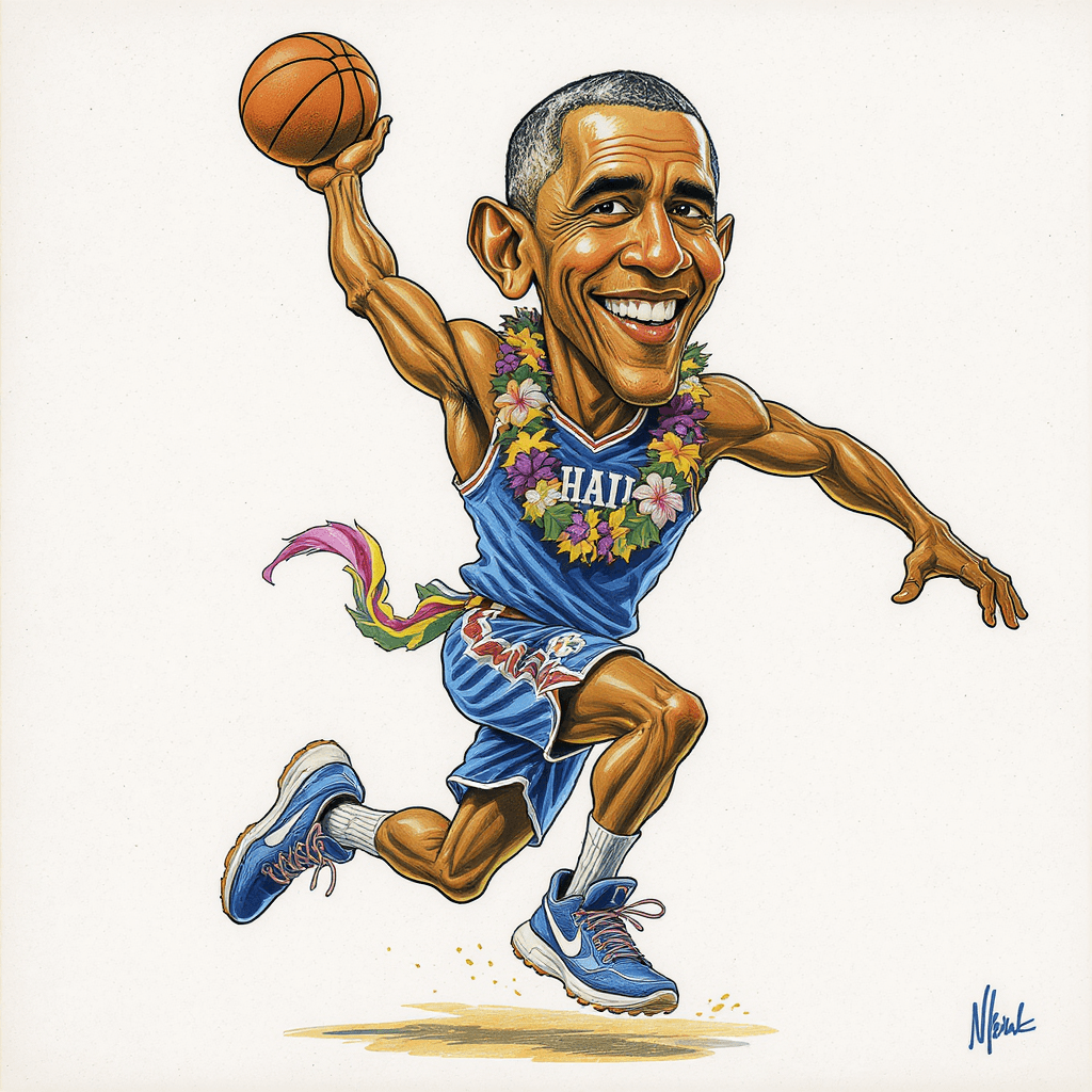 AI generated: Create a color caricature style drawing of Barack Obama as a smooth small forward in Hawaii colors, ...