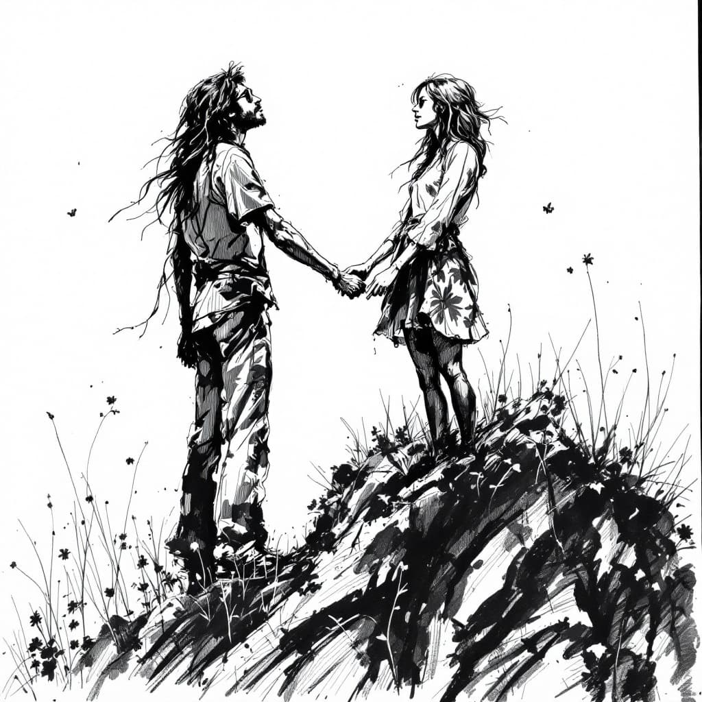 AI generated: 
A hippie and his girlfriend pen and ink sketch from, the 60's of the two of them rising up from the...