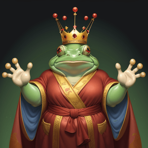AI generated: The image shows a large cartoon-style frog wearing a royal crown and a red robe, standing at the cen...