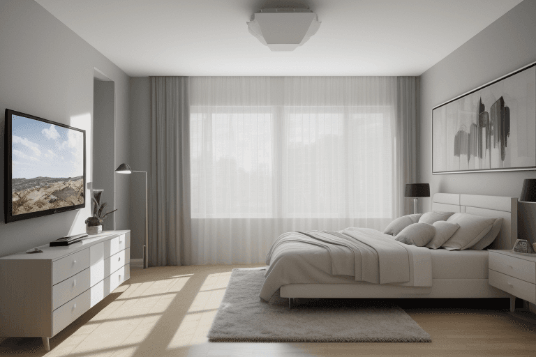 AI generated: interior design, modern bedroom, bedroom, modern, window, wide angle, wideangle, photo, photorealist...