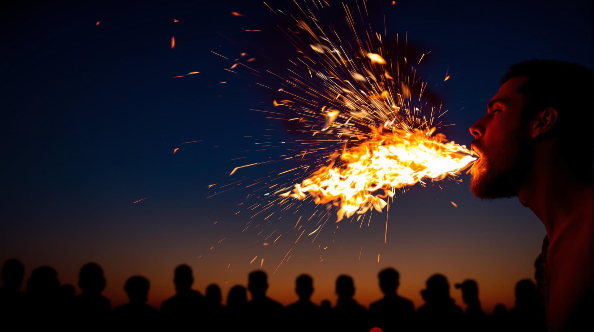 AI generated: The image captures a dramatic scene at dusk. In the foreground, a performer is seen breathing fire, ...