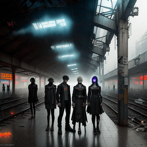 AI generated: Eerie foggy dilapidated station, a group of young people, terrified expressions, cyberpunk comic boo...