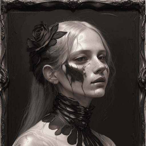 AI generated: a woman with roses on her nose, in the style of made of liquid metal, layered fabrications, nicola s...