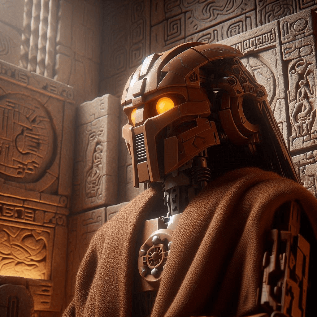 AI generated: Close-up Star Wars 4K cinematic CGI rendering of an ancient brown Bionicle Matoran of Stone with ora...