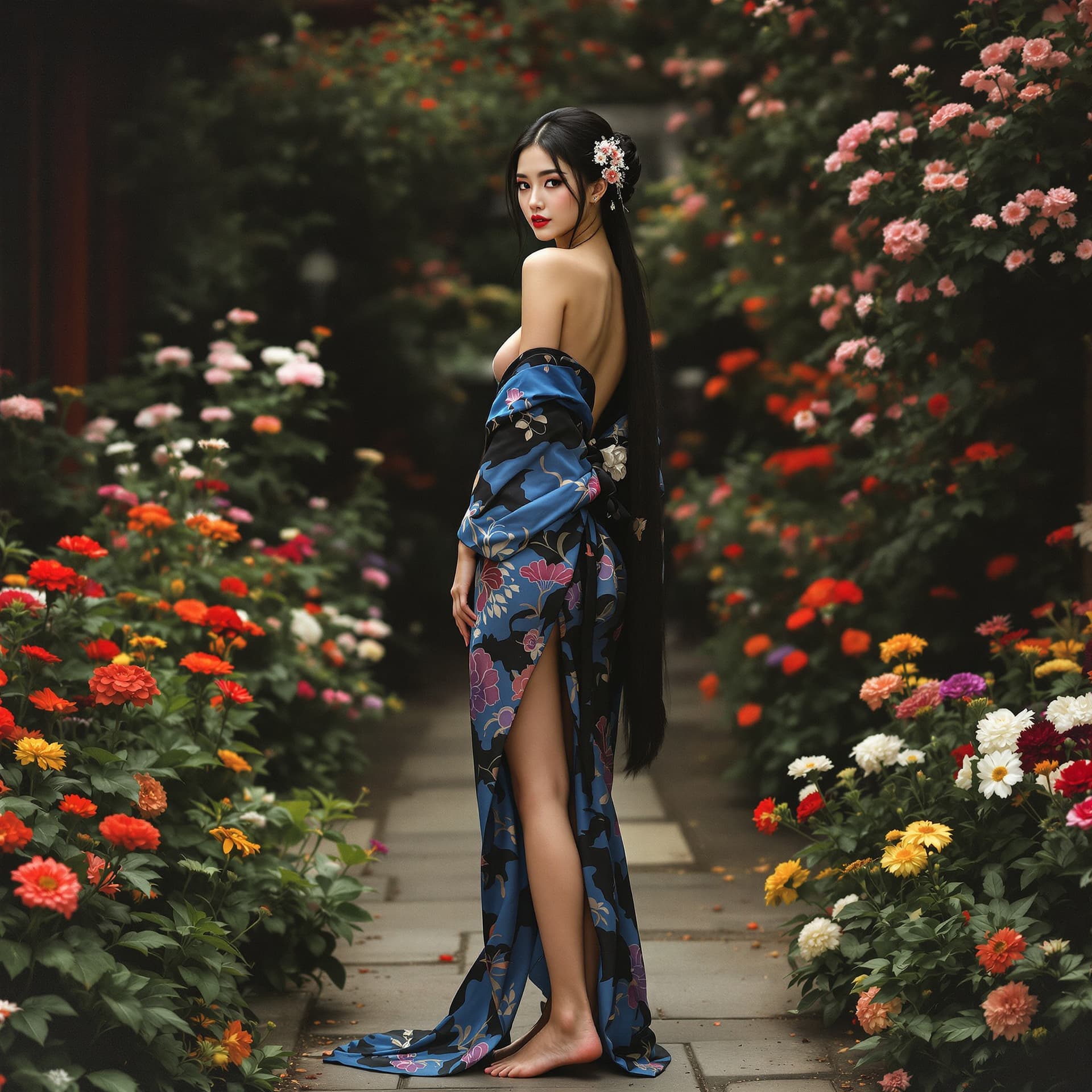 AI generated: Full-length view. A beautiful and stunning Asian woman in a very short blue and black kimono, partia...