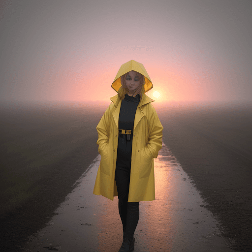 AI generated: a. The person in the photo is wearing a yellow raincoat.

b. Location is to the left of the center o...