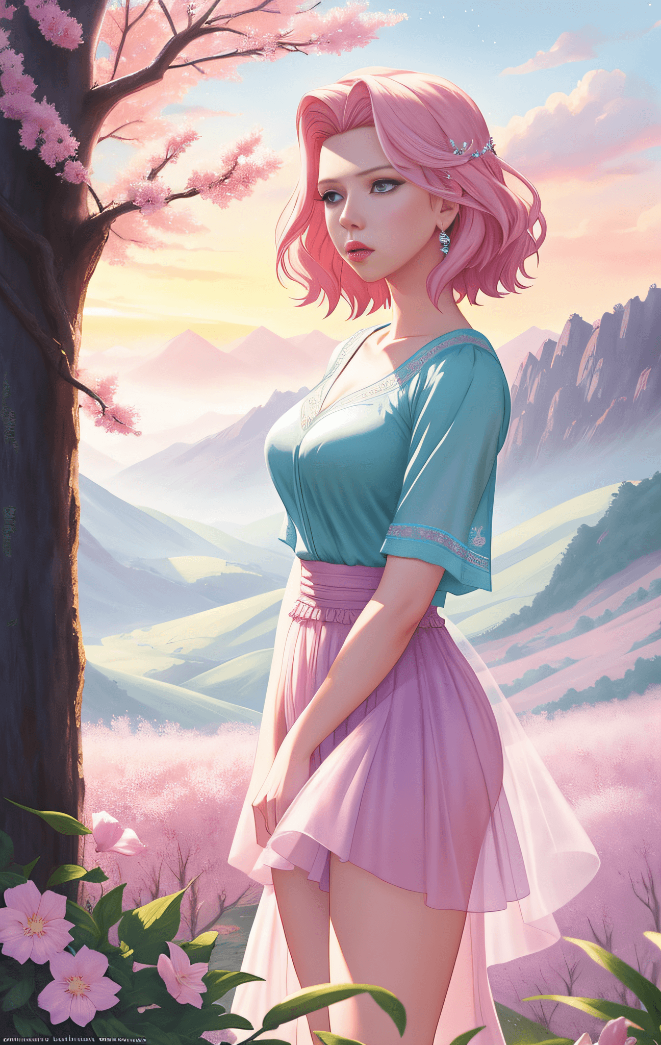 AI generated: Scarlett Johansson, full body, close up, serene, dreamlike landscape featuring a mix of Disney and F...