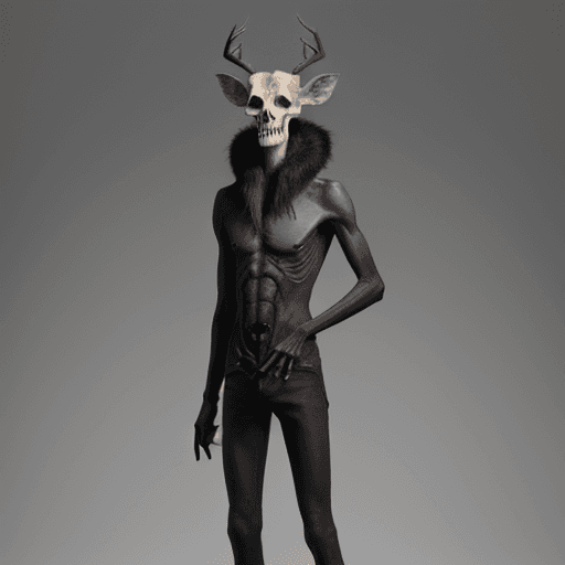 AI generated: creature standing there 8 feet tall, very skinny, a deer skull for a head and fur dark as coal,