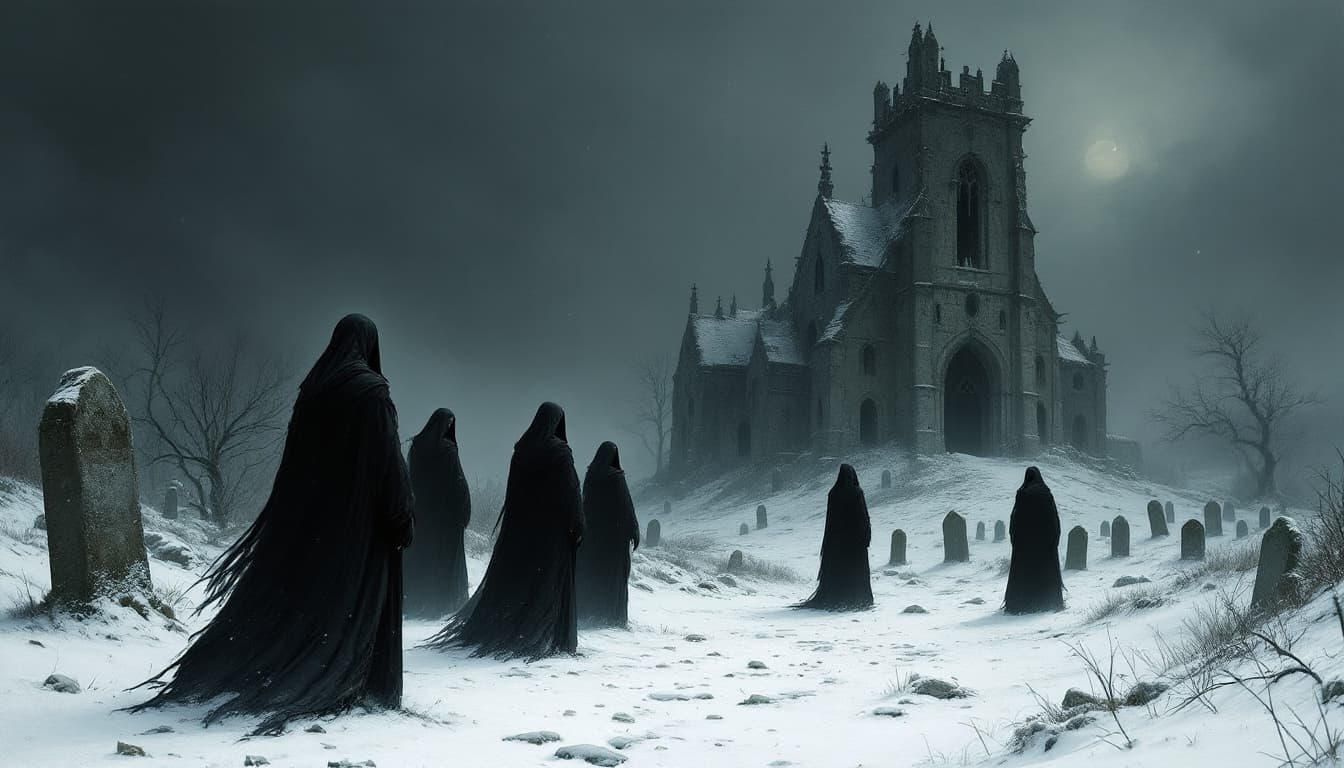 AI generated: A group of grim looking monks in black robes, standing around an ancient ruined church at night, win...