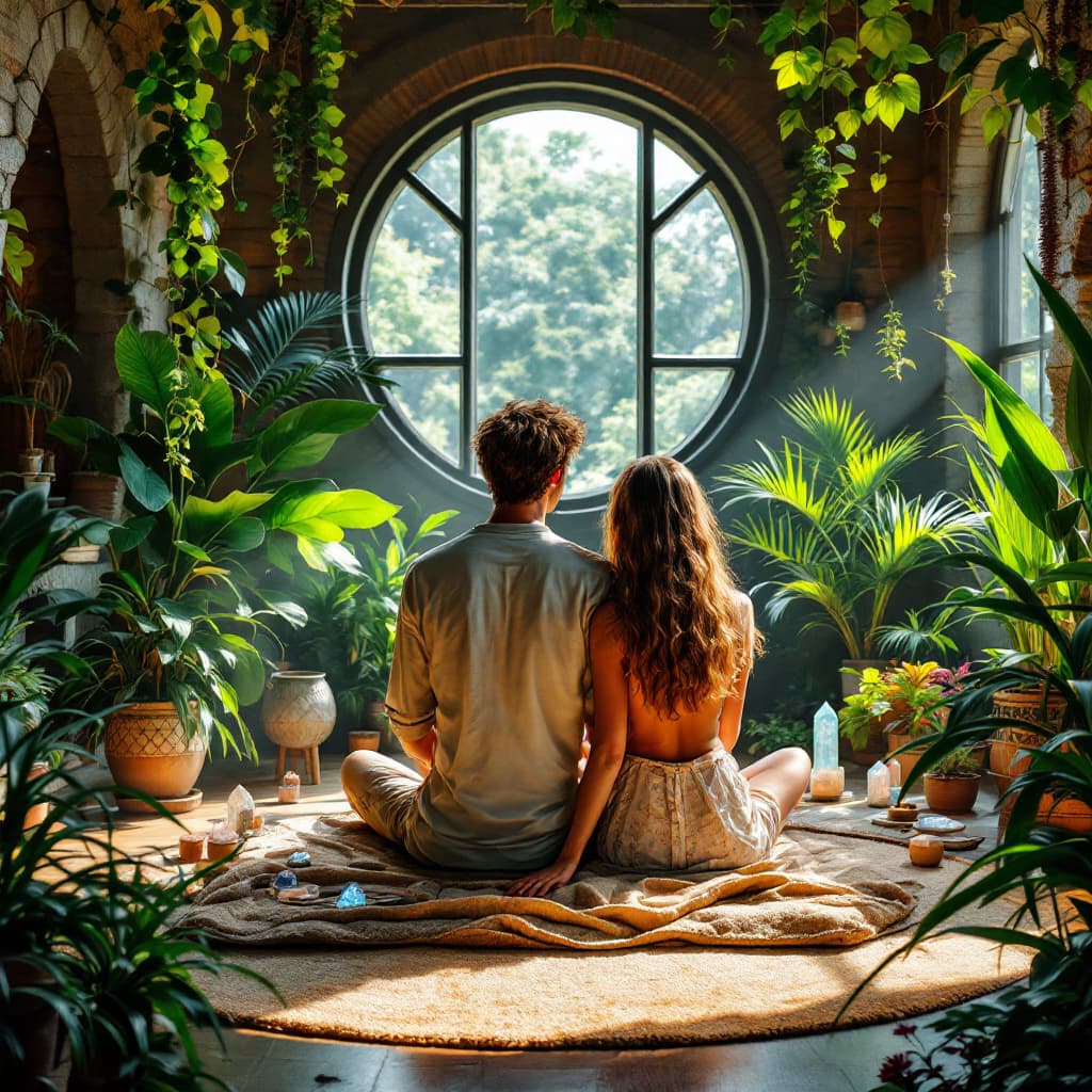 AI generated: Zen room for meditation with crystals and lots of plants, a young man and woman from the 1960s, full...