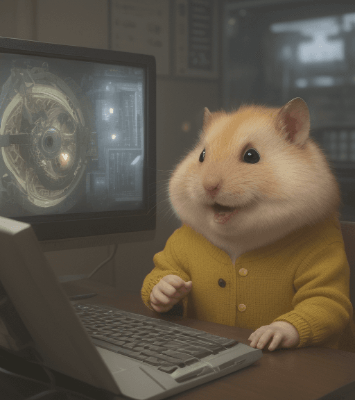 AI generated: an extremely distressed and distraut golden hamster who is crying at a computer terminal and is very...