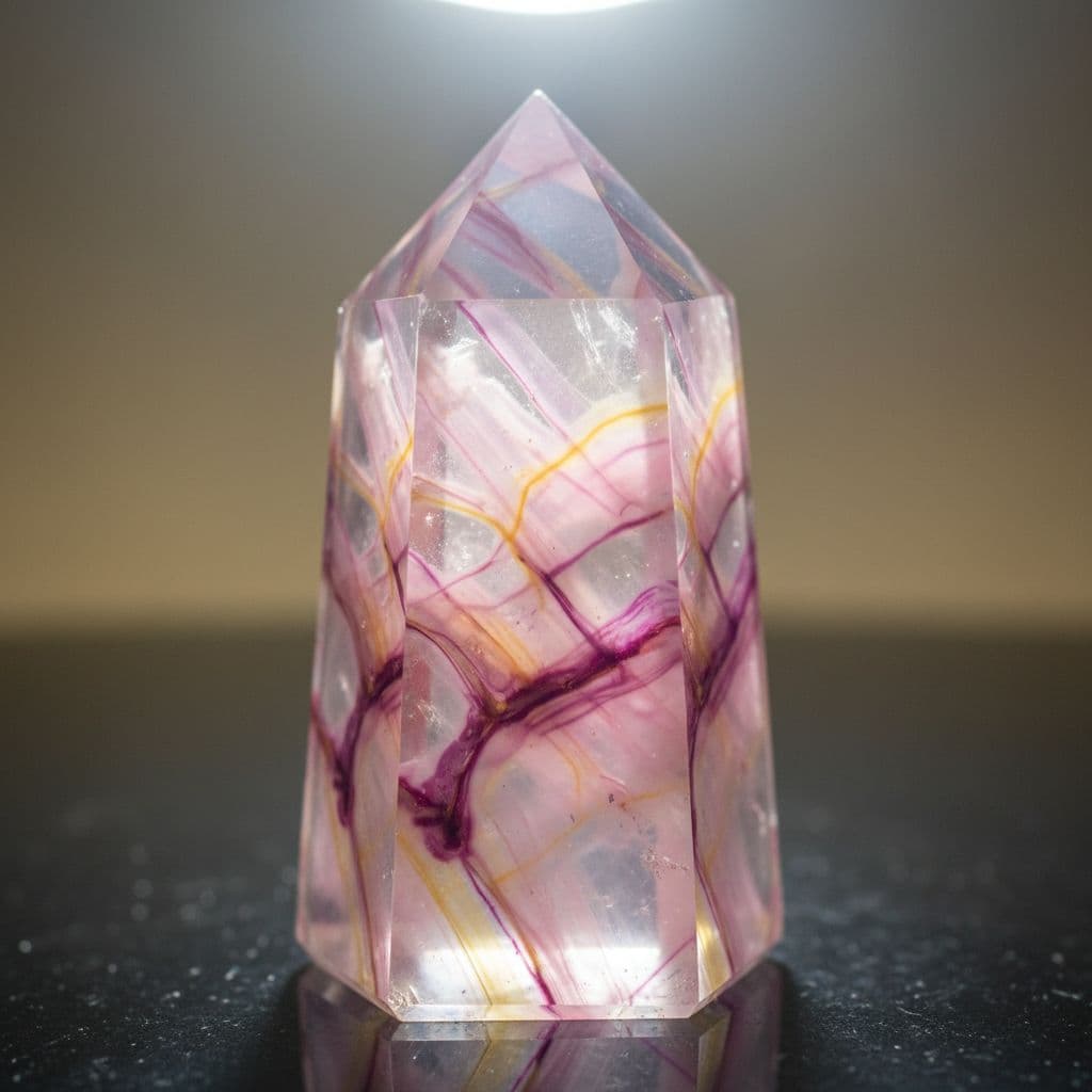 AI generated: Clear Crystal with Pink, Purple and Yellow veins like marble running through it 