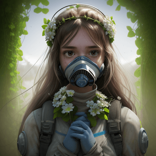 AI generated: 1 girl, spores in the air, post-apocalypse, dust in the background, dust in the air, clear respirato...