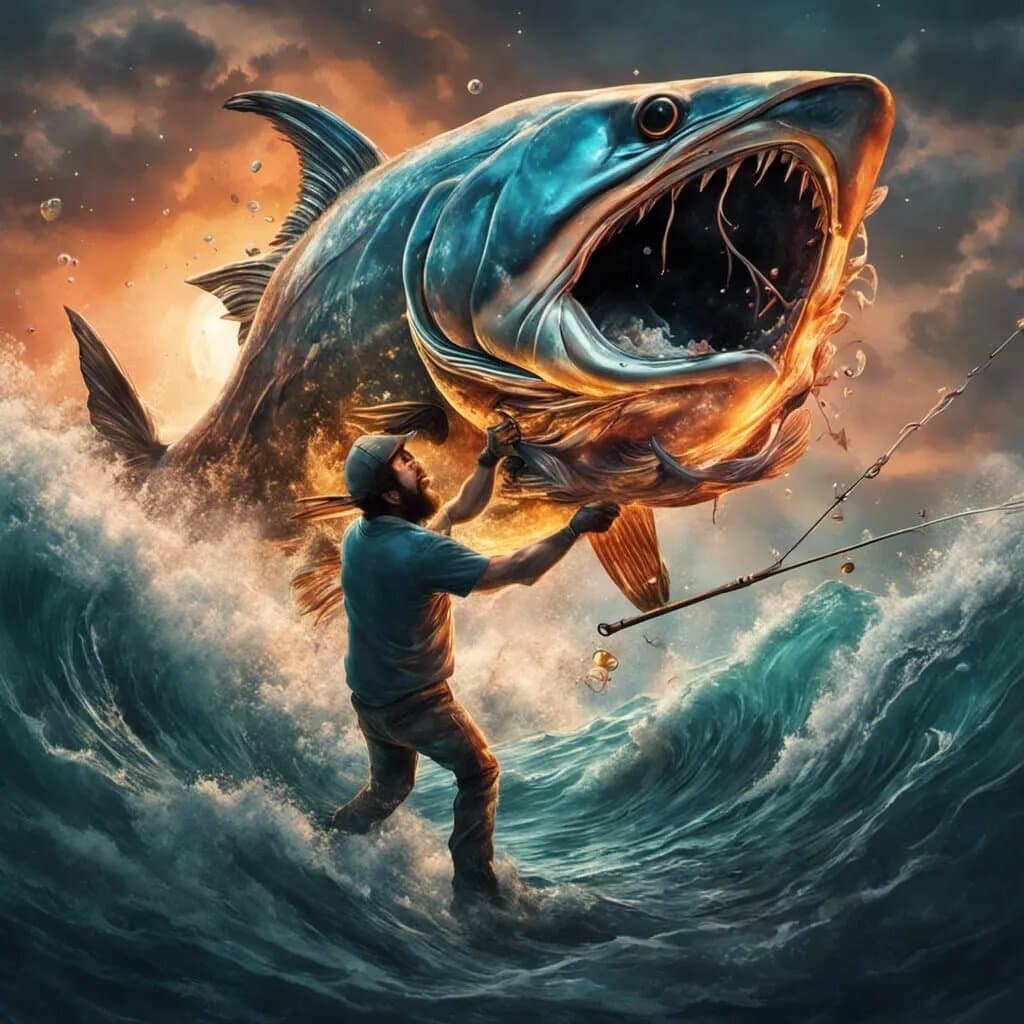 AI generated: a man standing on top of a wave holding a fish, a hyperrealistic painting, fantasy art, mobile wallp...