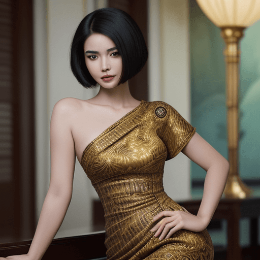 AI generated: A portrait of a young beautiful girl, under cut hair style, "slim with curves", Indonesian batik out...