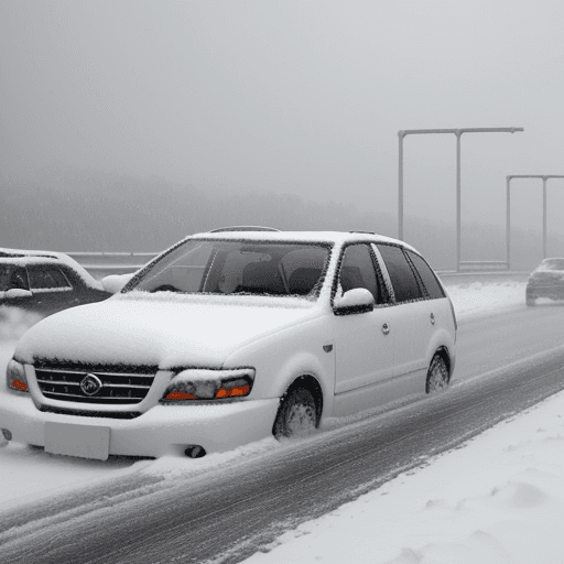 AI generated: A car in heavy snow blizzard kon motorway
