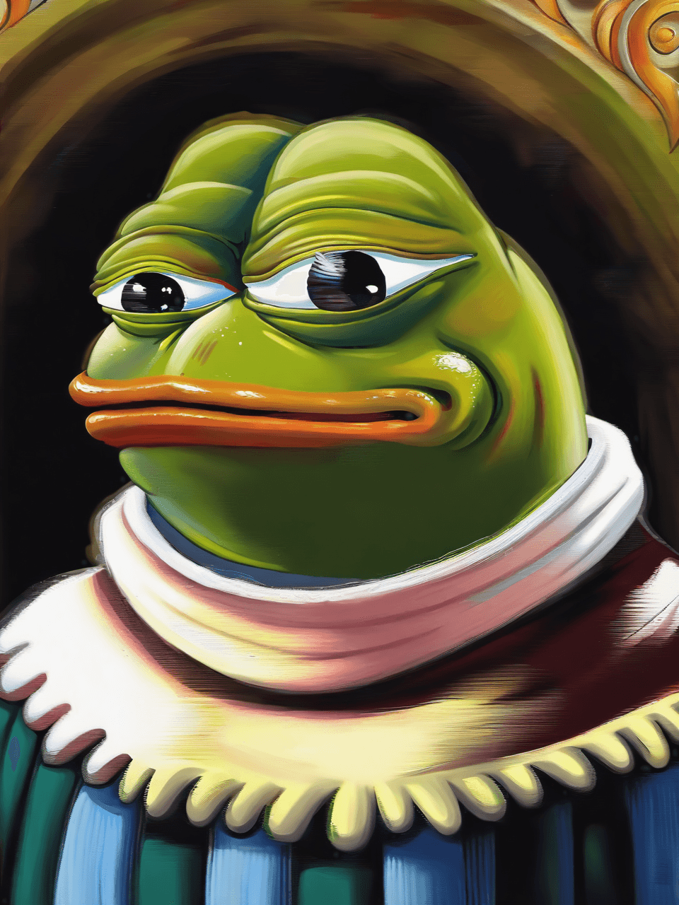 AI generated: (oil painting:1.21) of a stoic pepe the frog,art by Sandro Botticelli (Alessandro Filipepi:1.1),old,...