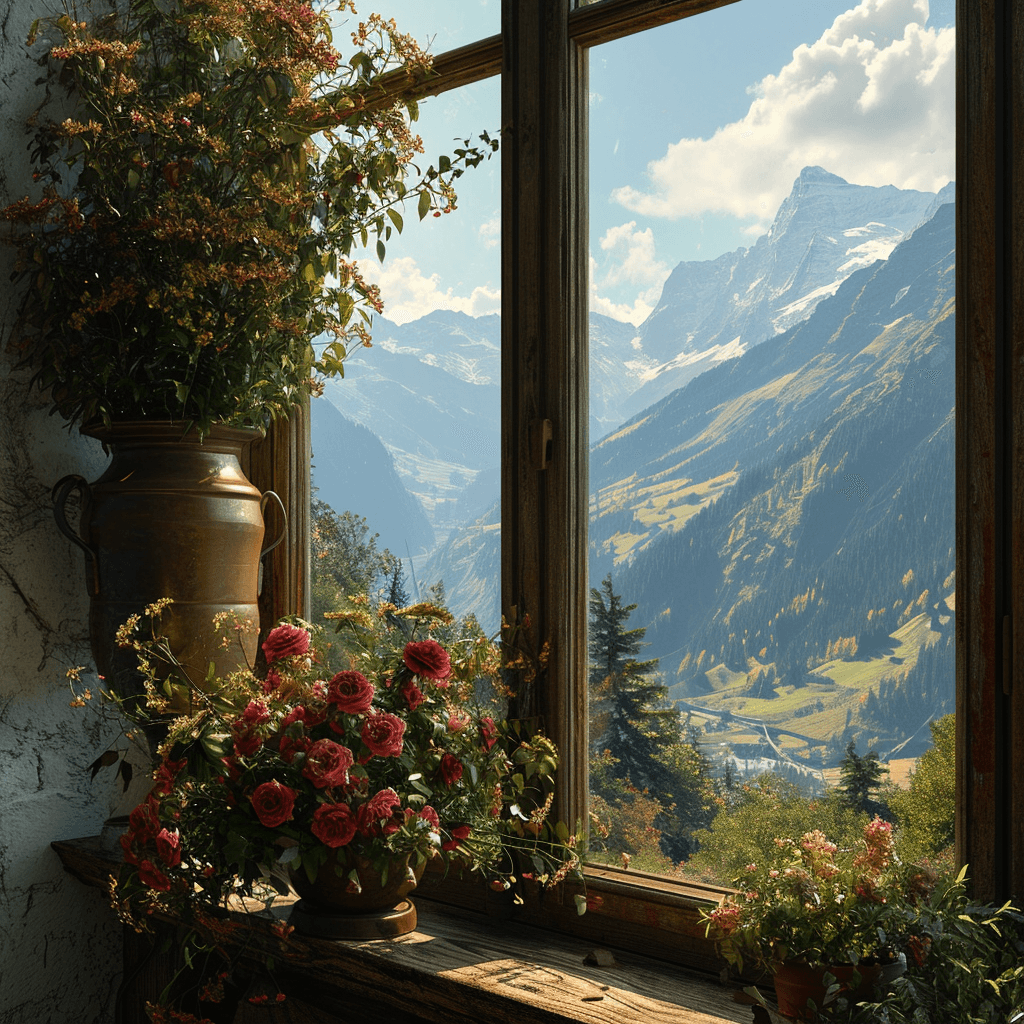 AI generated: Flores em uma casa na montanha com um visão linda das montanhas no horizonte, waltercolor, altamente...