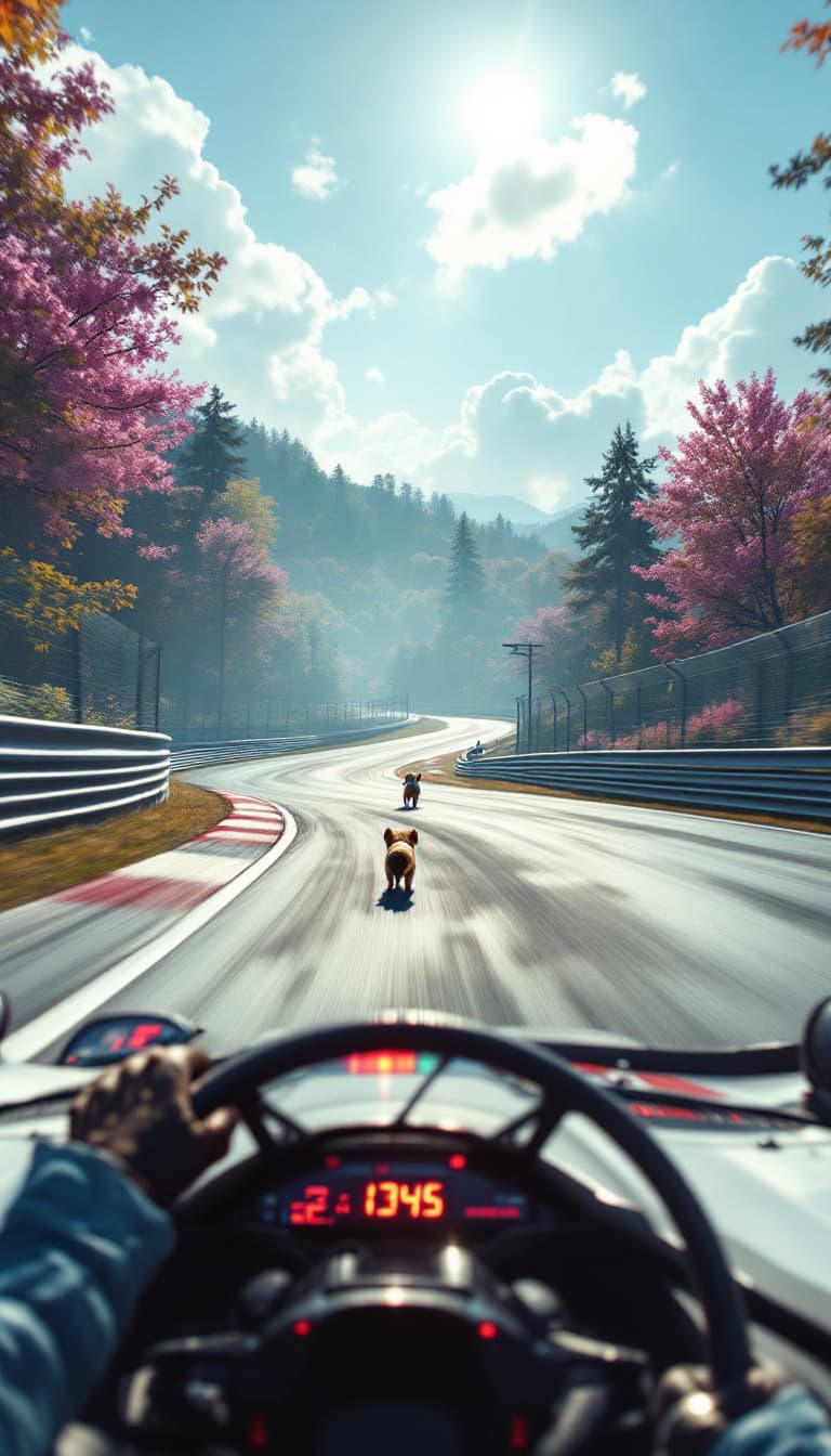 AI generated: Summer. The first racing car racing around the track on a bend.  From the car window, far around the...