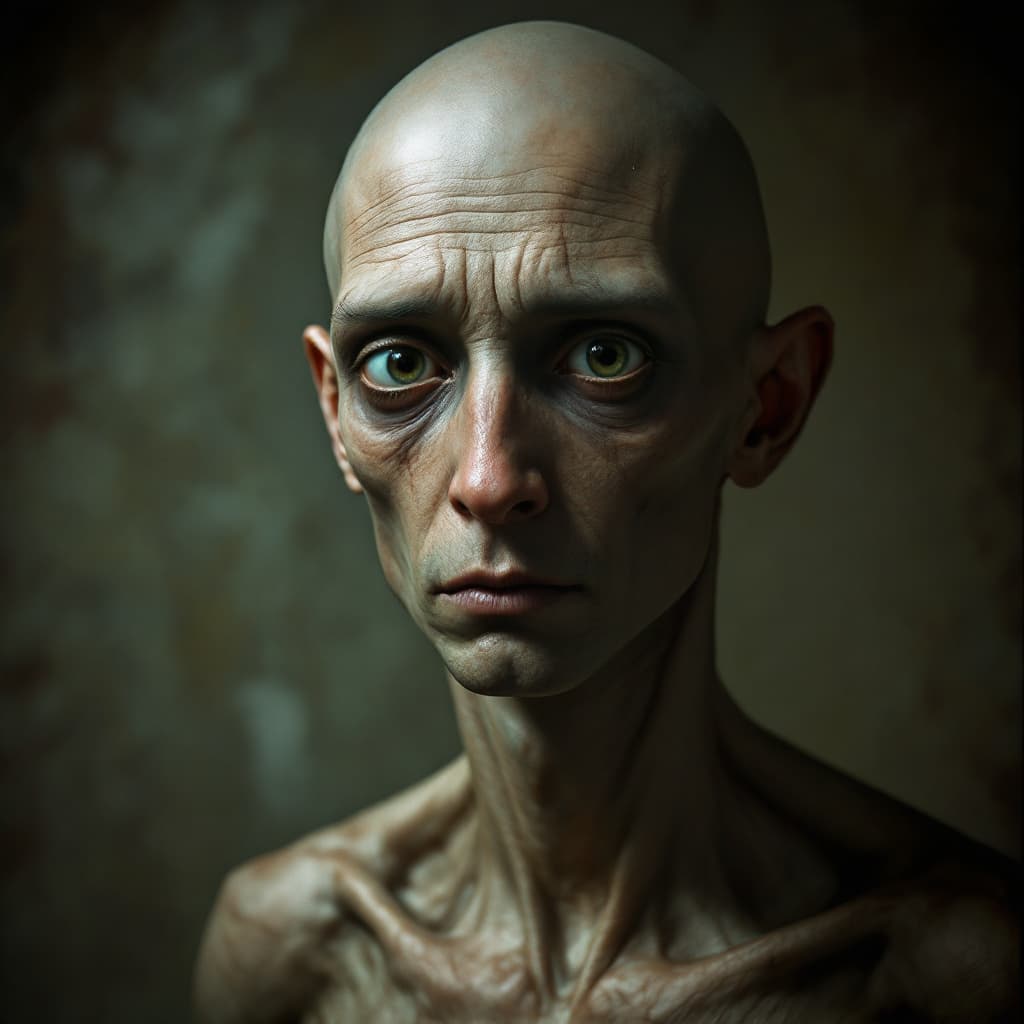 AI generated: realistic portrait of a man, very thin, big eyes, dark circles under the eyes, bald
