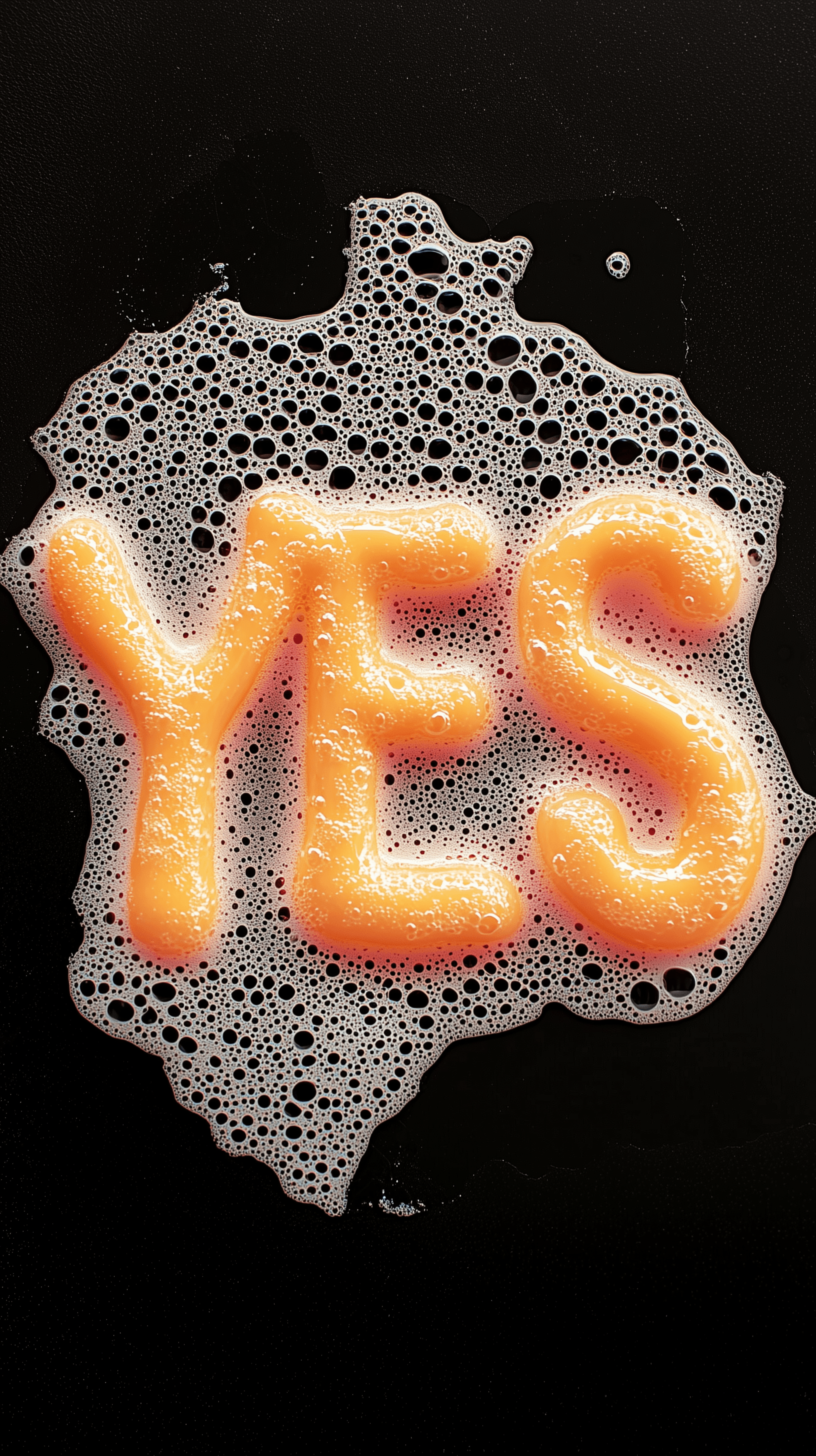 AI generated: experimental photography, flat lay, form of "YES", orange color bubbly texture, thin soap film membr...