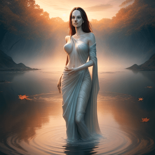 AI generated: A mesmerizing image of a beautiful female ethereal sorcerer, Angelina Jolie, standing in water, a se...
