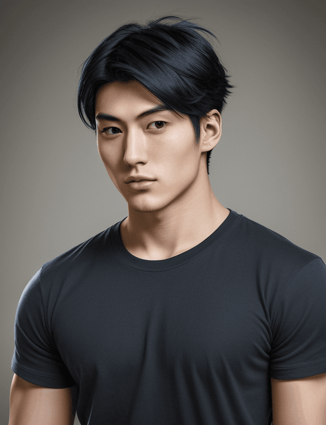 AI generated: A photorealistic portrait of a handsome 24-year-old Japanese man with very short, dark blue hair. He...