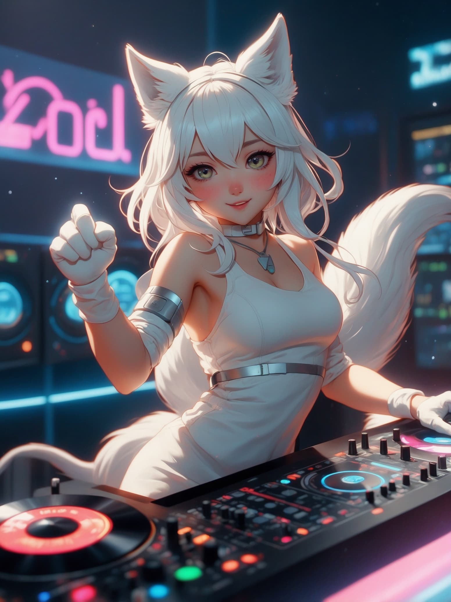 AI generated: No People in the background, white fox, thick tail, cat ears, 20s, DJing, machines are friends, wear...