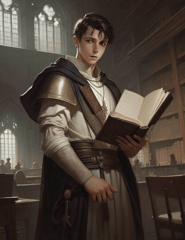 AI generated: young male cleric in library with curious face, by Greg Rutkowski, oil painting, heavy strokes, high...