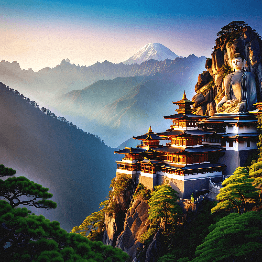AI generated: Envision a serene Buddhist temple perched atop the tallest mountain, rising majestically above surro...