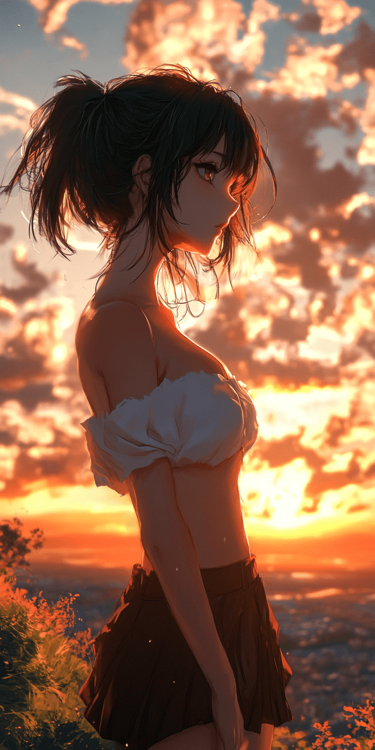 AI generated: A beautiful girl with black hair stands on the mountain overlooking the scenery, her eyes closed as ...