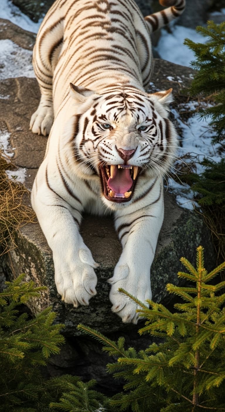 AI generated: 32k, aerial angle shot, super detailed, sharp, uhd, a realistic image of a white tiger with blueish ...