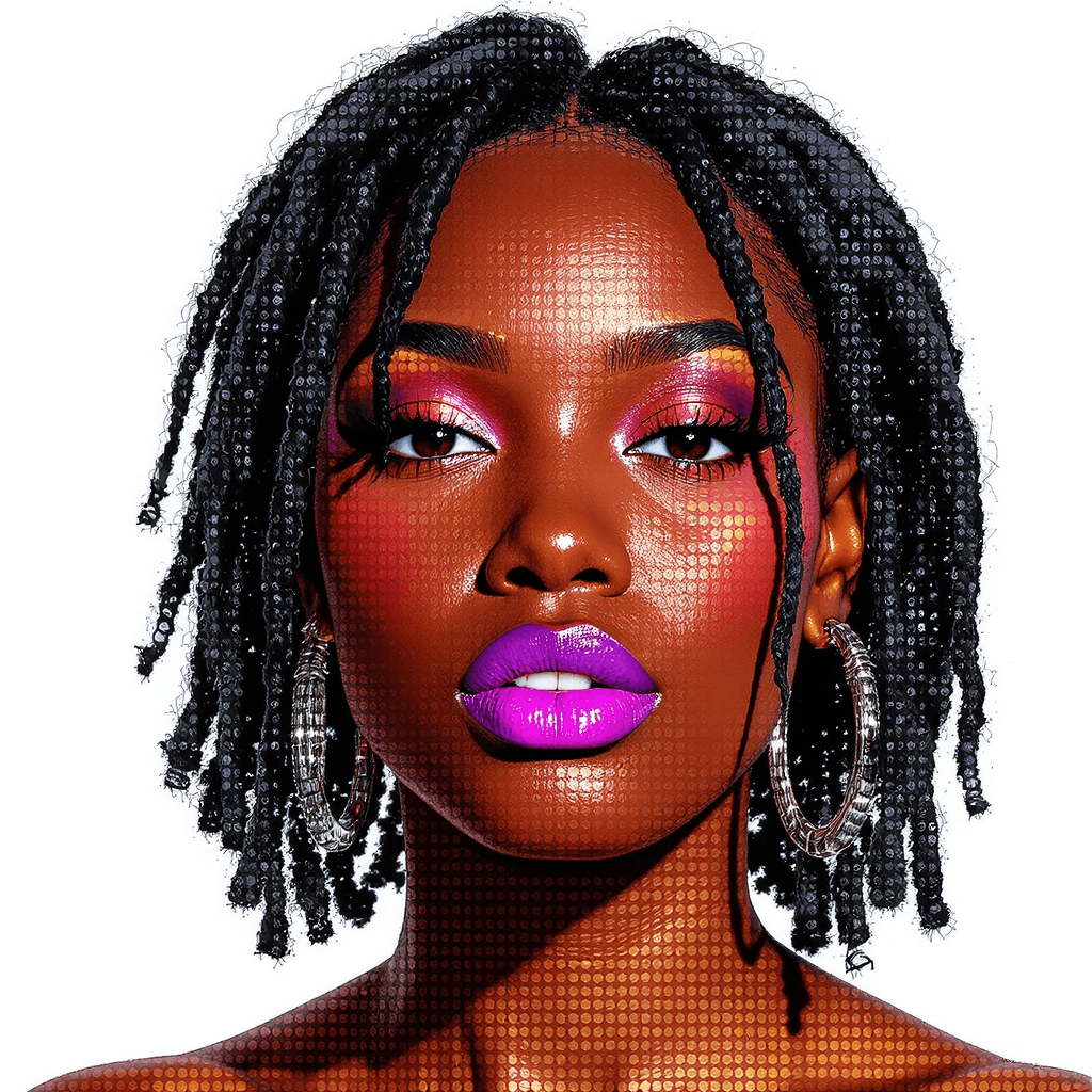 AI generated: 400 PIXELS, MIXED MEDIA, African American WOMAN'S FACE, WITH purple LIPSTICK AND silver EARRINGS, BL...