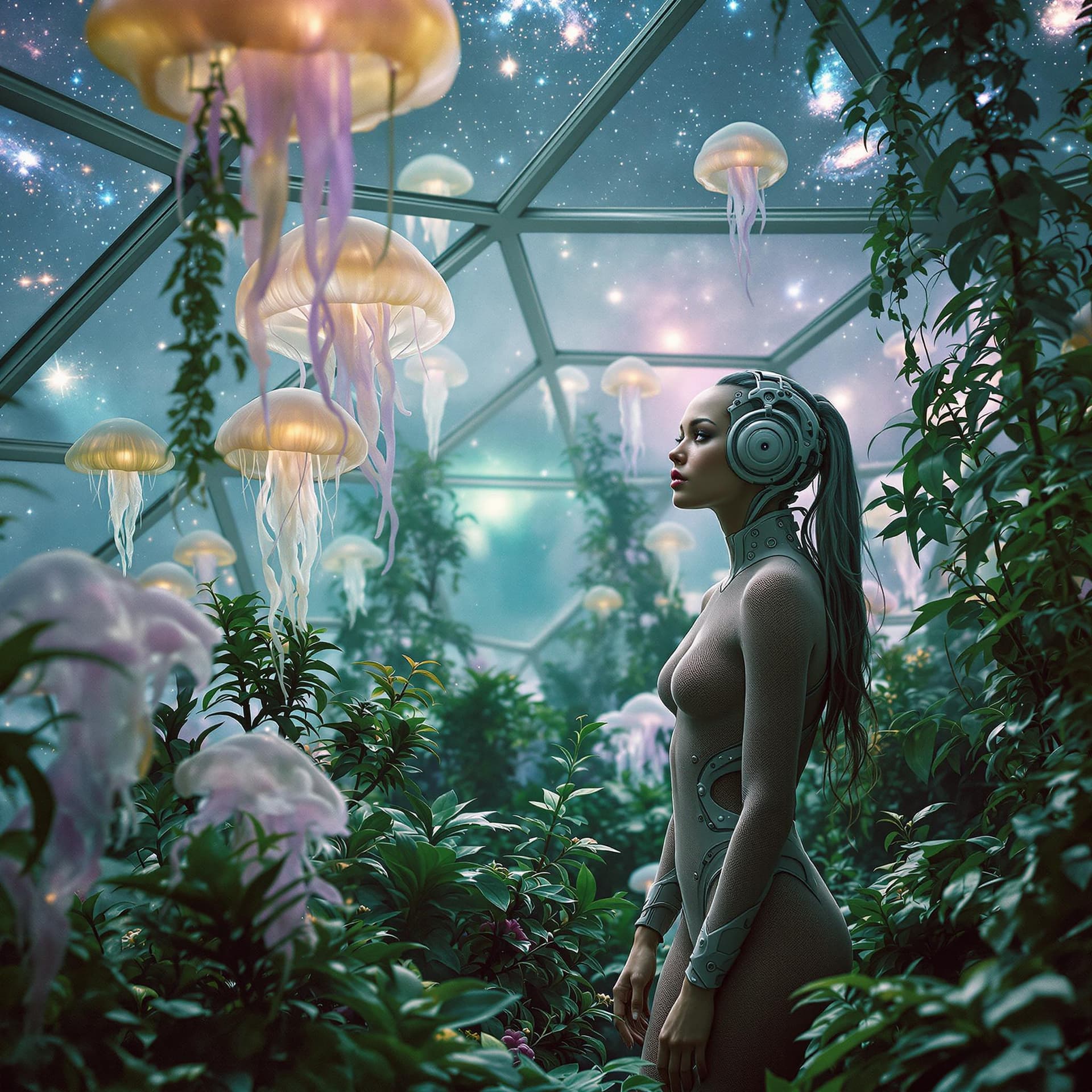 AI generated: A digital medium format photograph of a cyborg female wearing a futuristic form-fitting mesh fabric ...