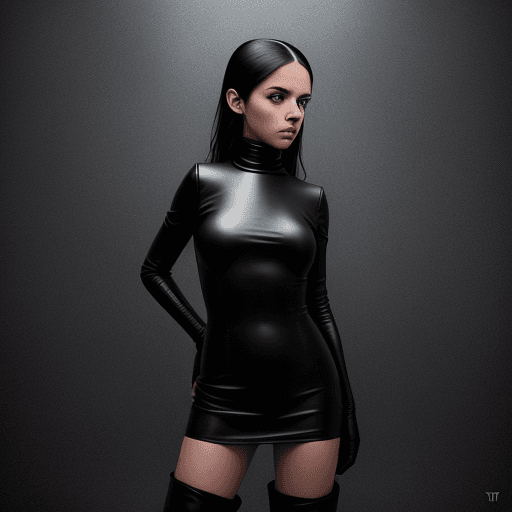 AI generated: a girl wearing a black turtleneck and knee high boots, in the style of film/video, amber, album cove...