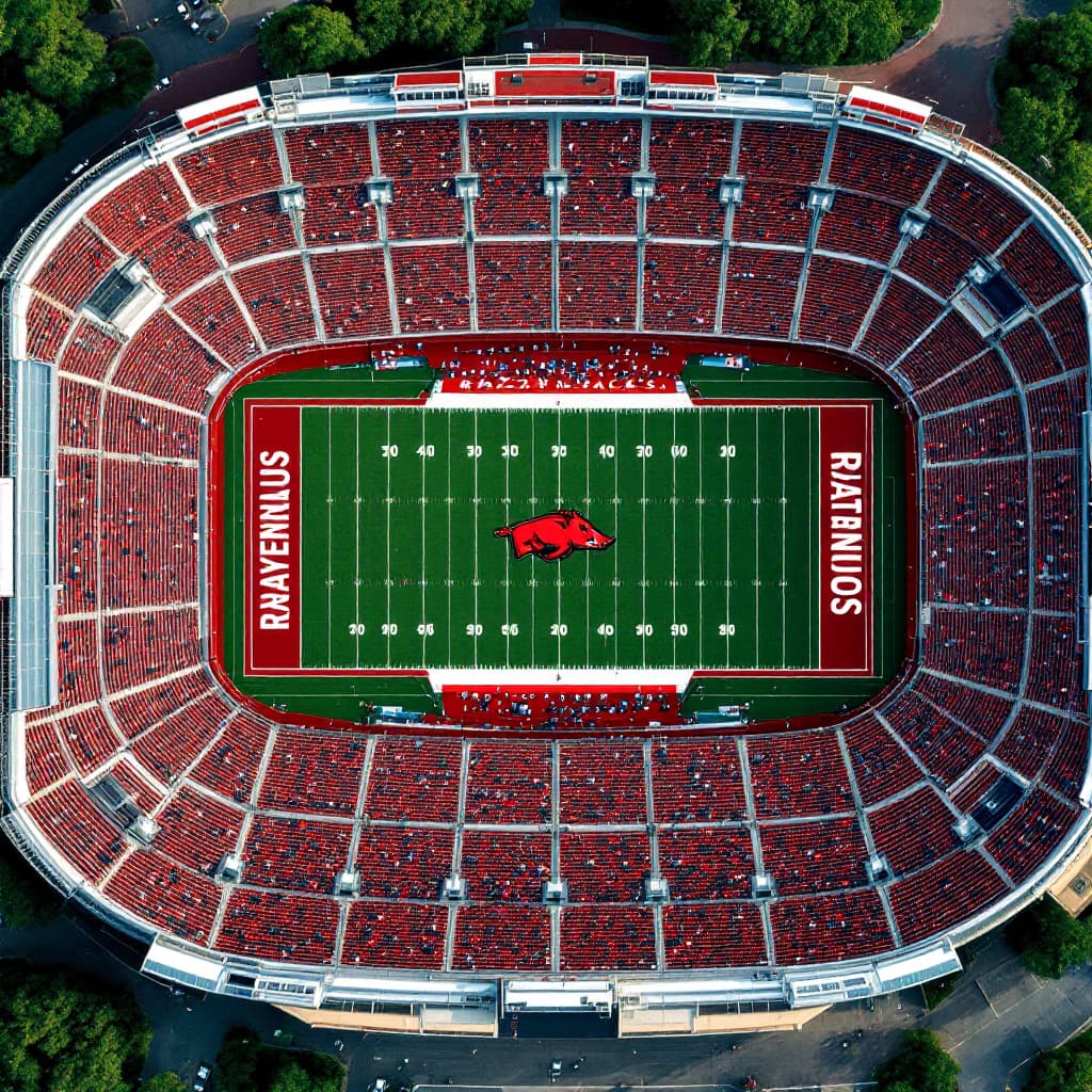 AI generated: “A top-down drone view of Reynolds Razorback Stadium with spectators, green football field in perfec...