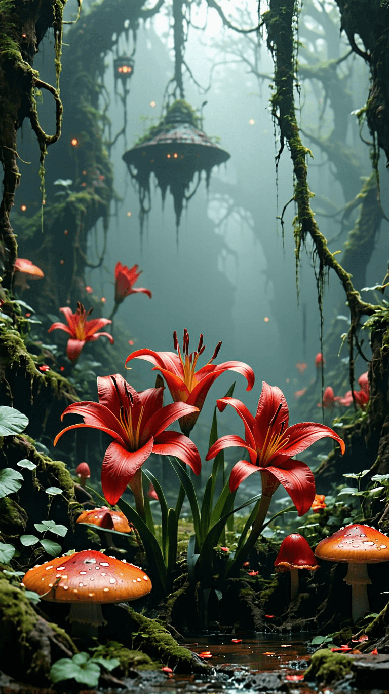 AI generated: cinematic, high resolutions, candid shot, psychodelic world, color red, deep fog, Mushrooms and lill...