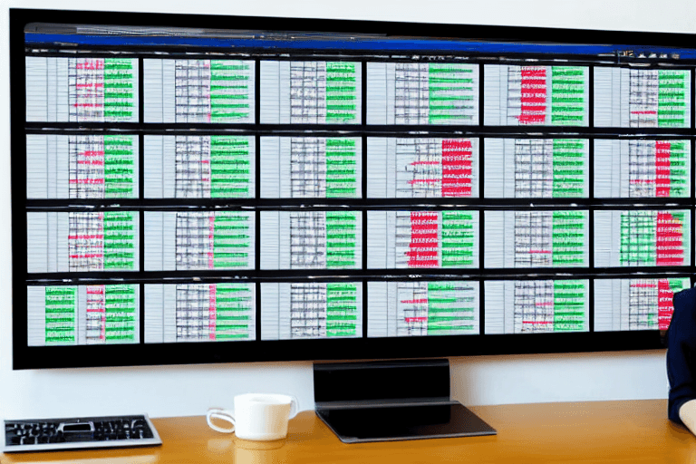 AI generated: elves working on computers stock market charts on wall photograph