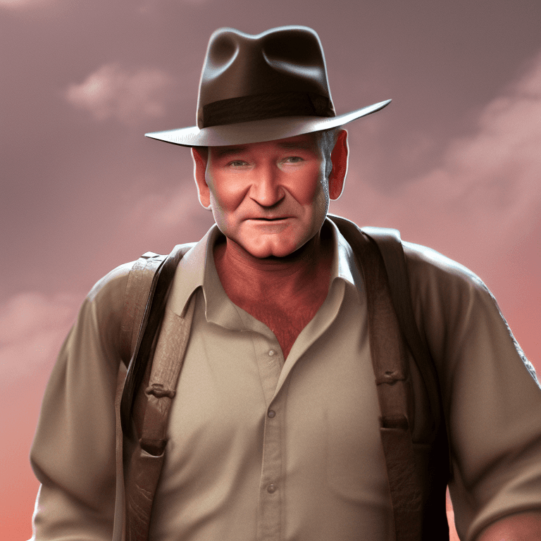 AI generated: A hyperreal portrait of Robin Williams as Indiana Jones, in the Temple of Doom, Utilize Unreal Engin...