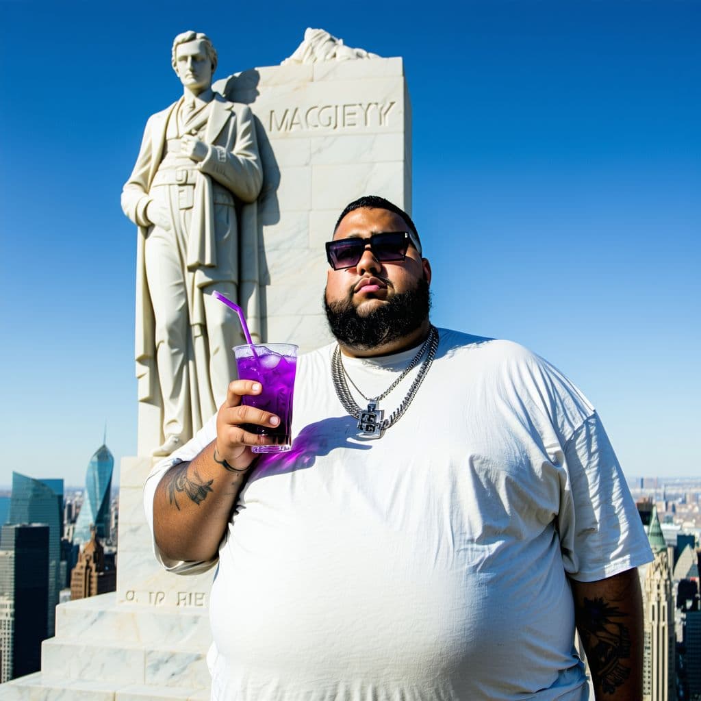 AI generated: fattest obese american rapper in the world without a beard and with short hair, holding a purple dri...